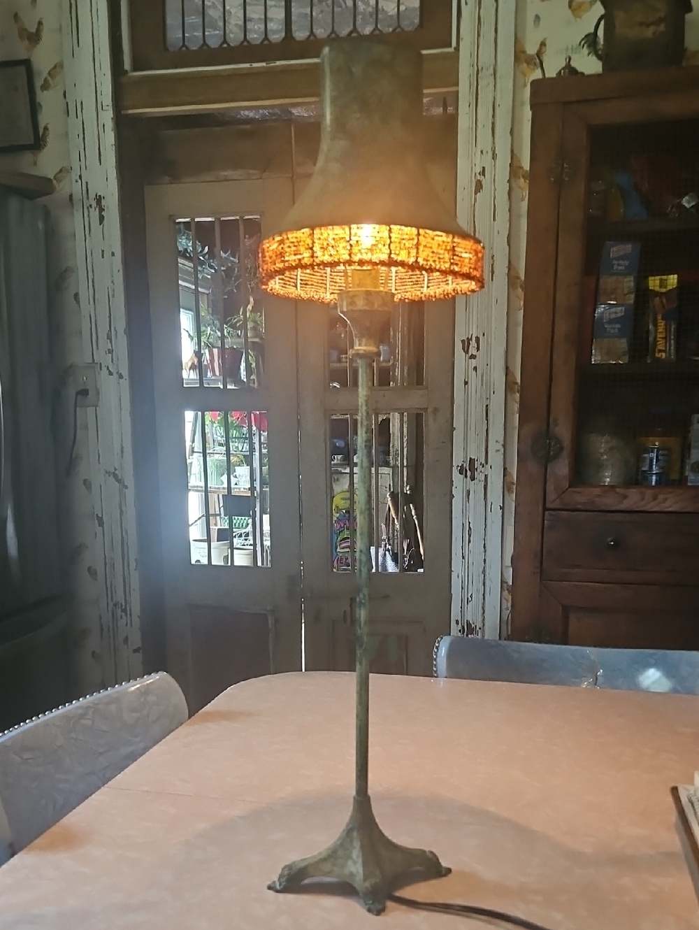 Vintage-Style Green Metal Table Lamp with Warm Amber Shade 30" Tall